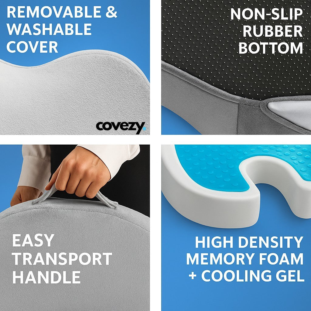 Covezy™ Premium Memory Foam Gel Cushion – Ergonomic Seat Support for All-Day Comfort